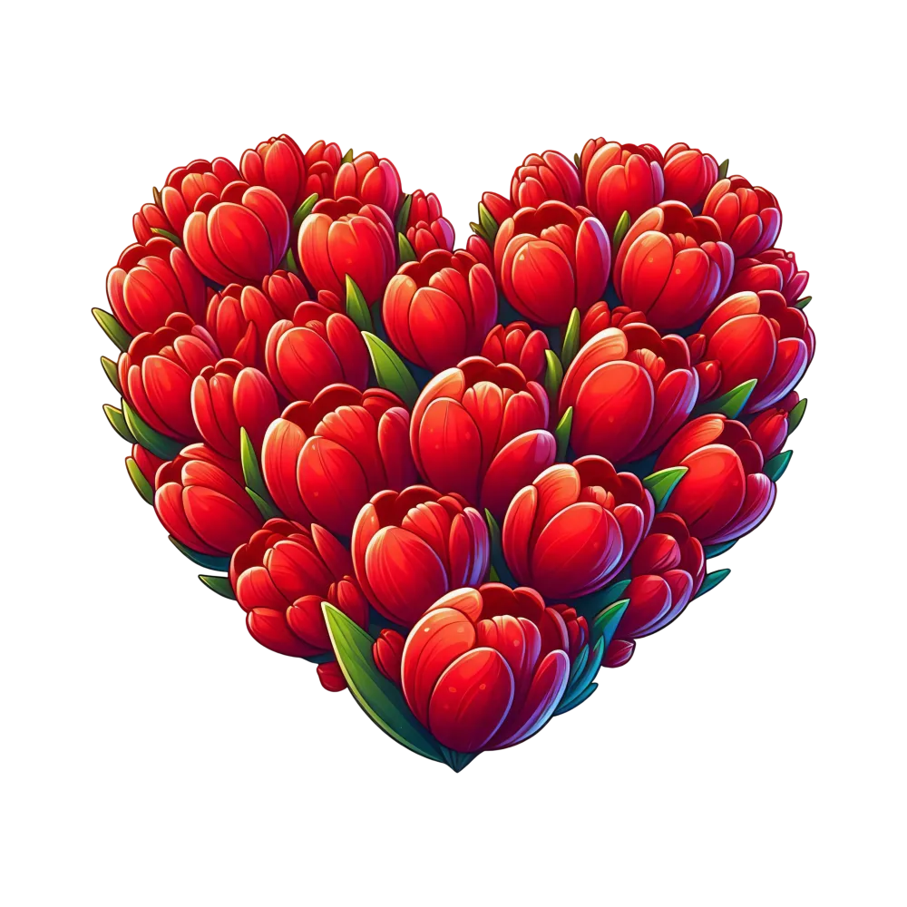 Heart-Shaped Bouquet of Red Tulips with Green Leaves