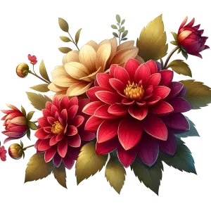 Detailed Digital Illustration of Red and Cream Flowers with Leaves