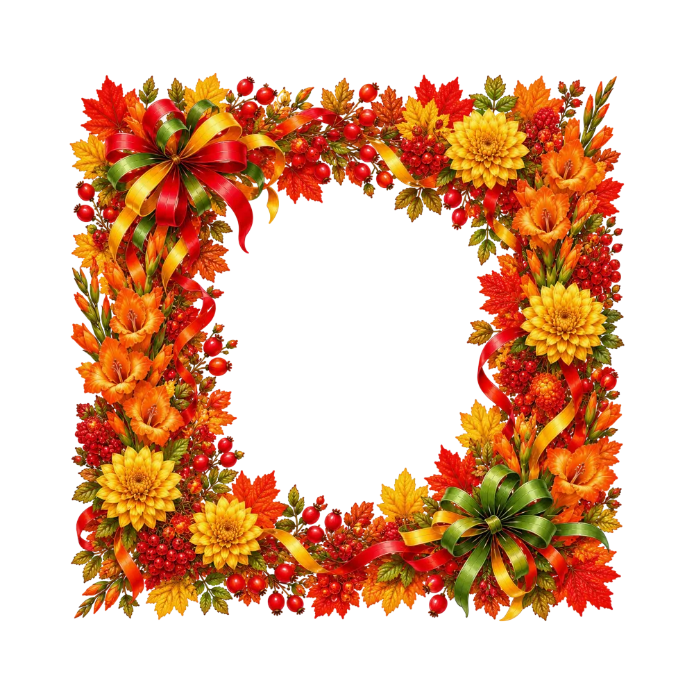 Autumn Floral Wreath Frame with Colorful Ribbons
