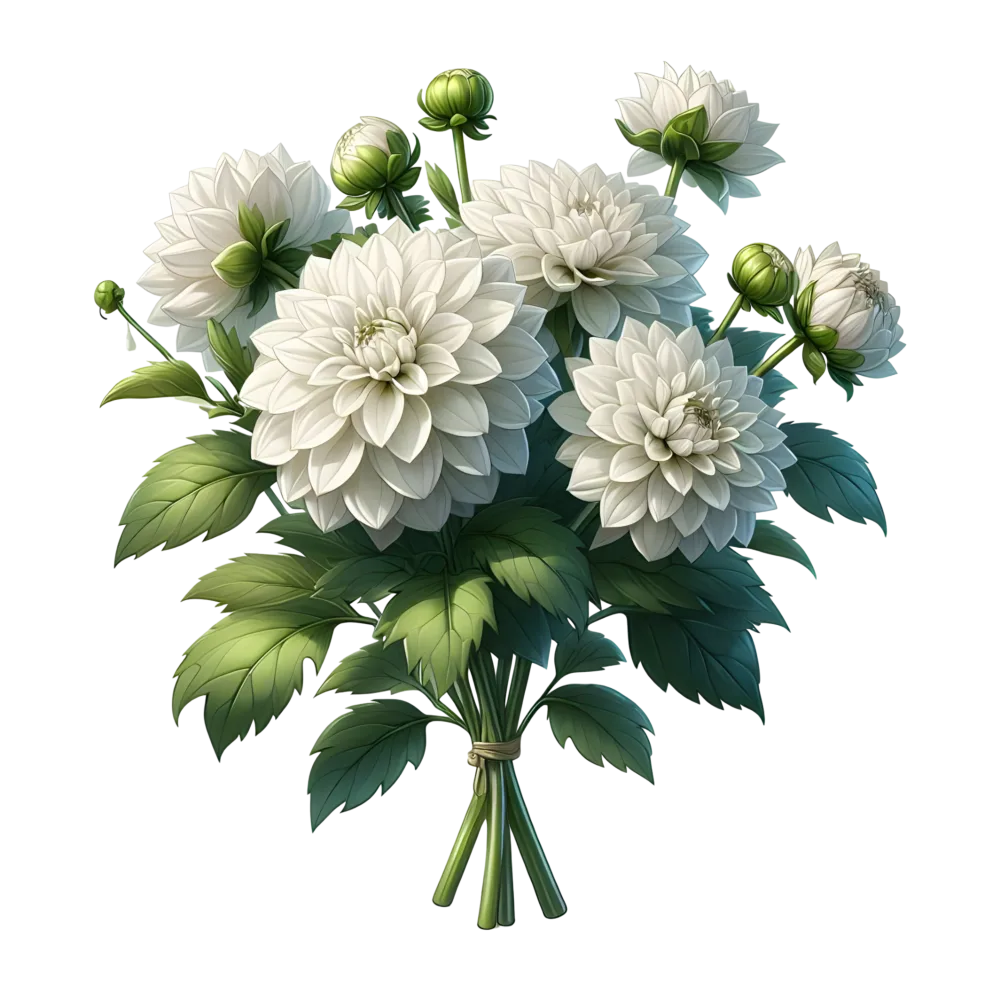 Bouquet of White Dahlia Flowers with Green Leaves