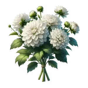 Bouquet of White Dahlia Flowers with Green Leaves