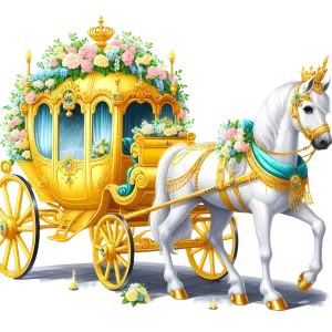 Elegant White Horse Pulling Golden Royal Carriage with Floral Decorations