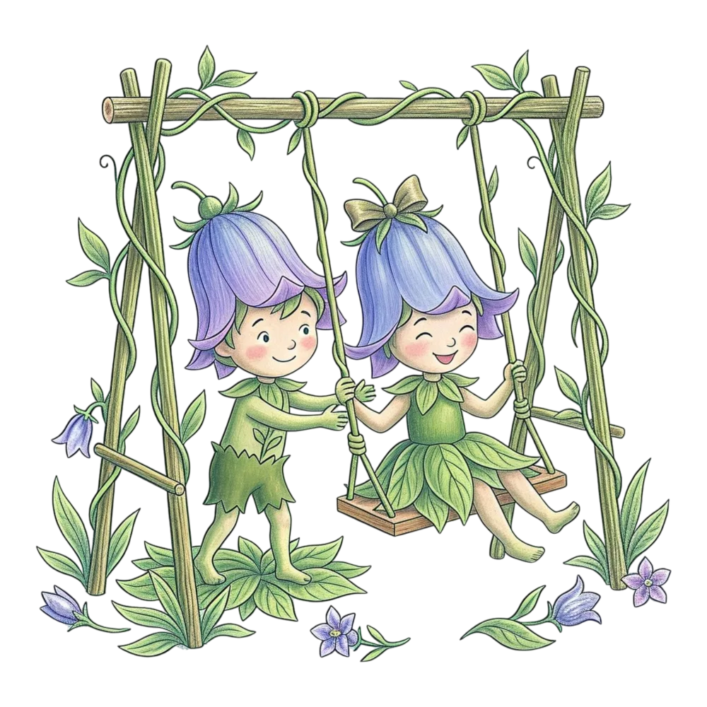 Cute Flower Fairy Children Playing on Swing with Vines