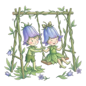 Cute Flower Fairy Children Playing on Swing with Vines