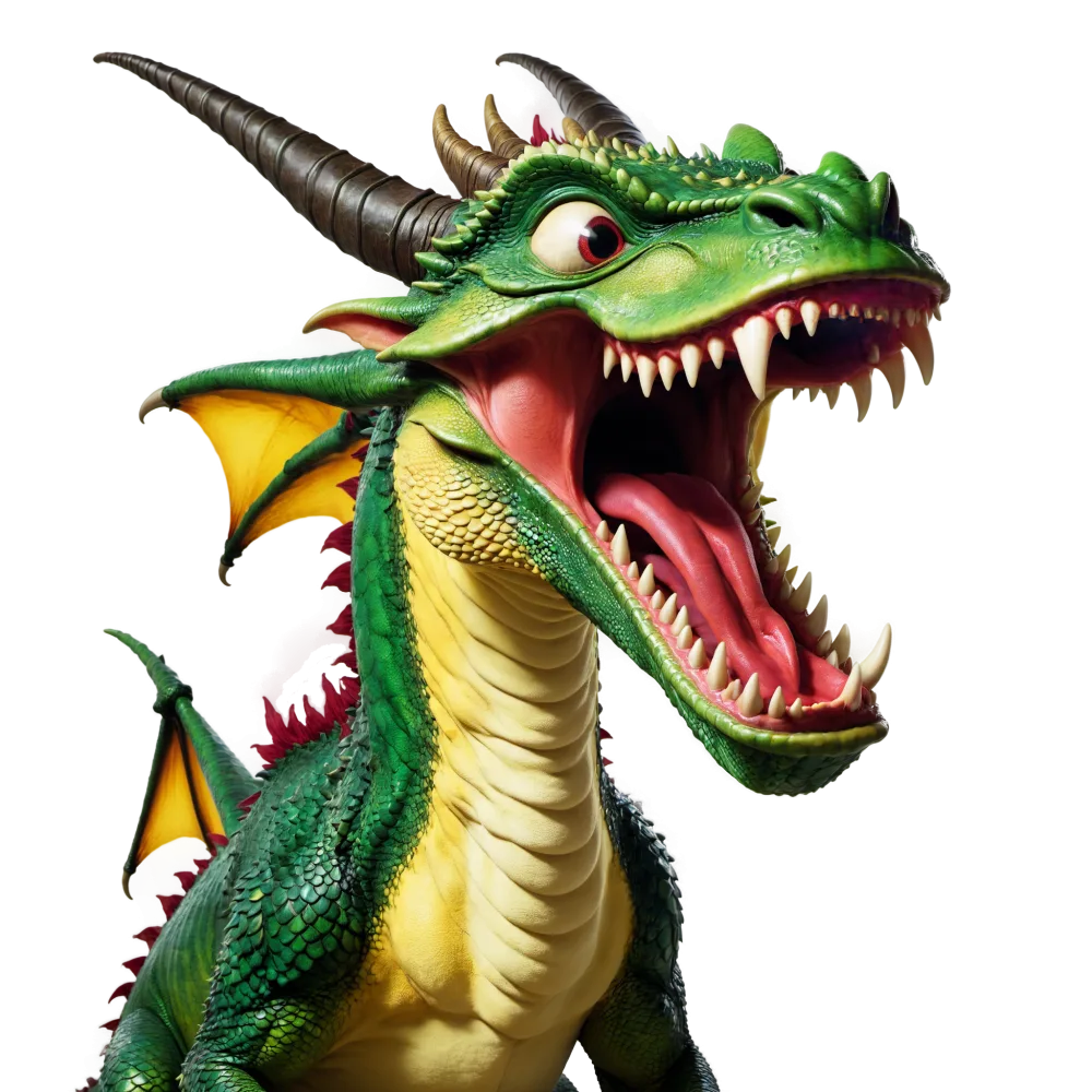 Green Cartoon Dragon with Large Horns and Open Mouth
