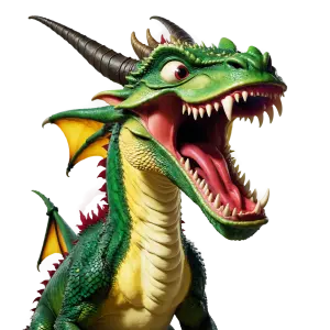 Green Cartoon Dragon with Large Horns and Open Mouth