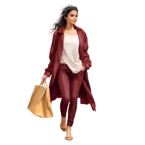 Woman Walking with Shopping Bag Wearing Burgundy Outfit