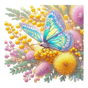 Blue and Yellow Butterfly on Colorful Floral Background
