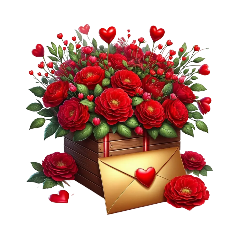 Wooden Box with Red Roses Bouquet and Love Letter Envelope