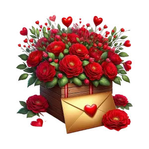Wooden Box with Red Roses Bouquet and Love Letter Envelope