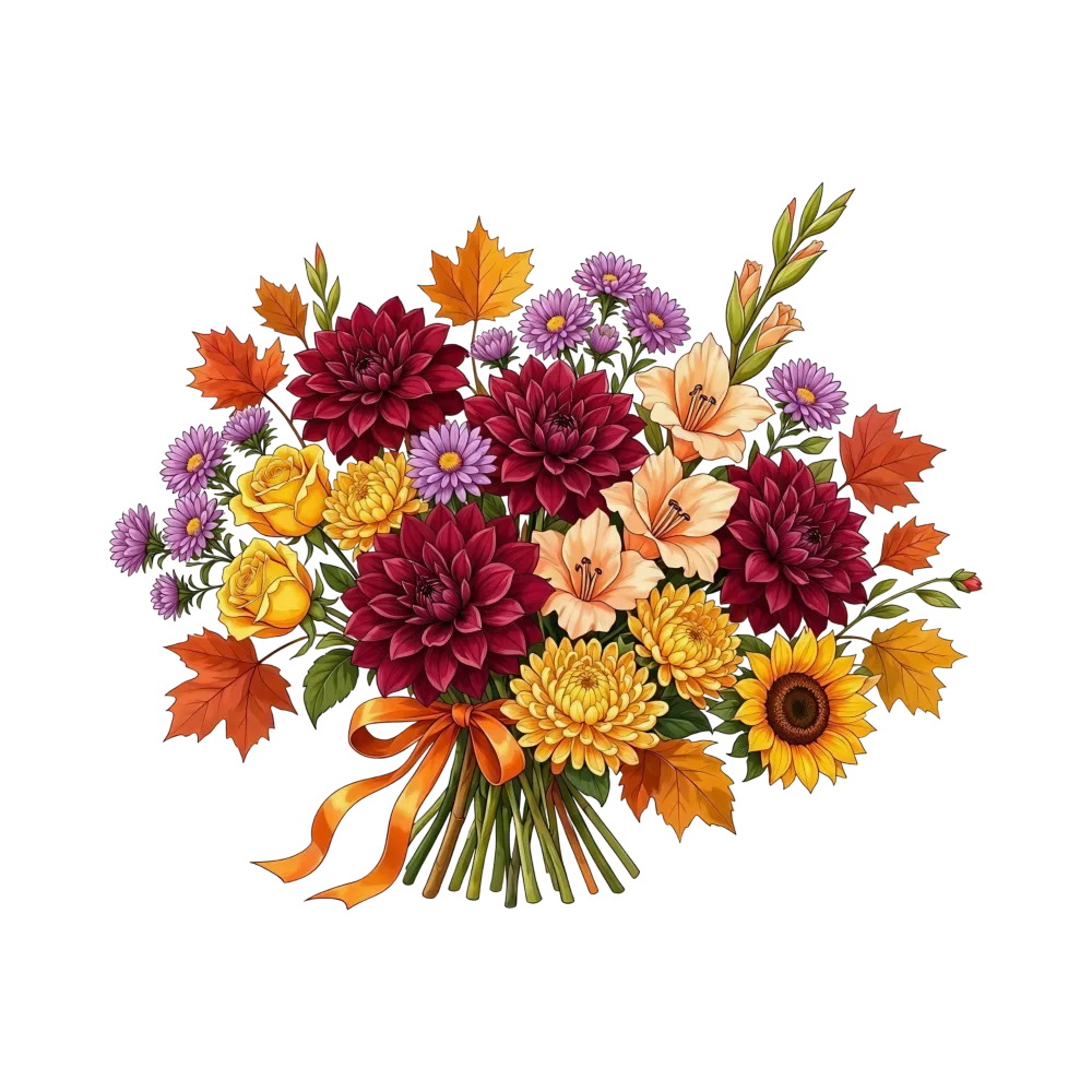 Colorful Autumn Flower Bouquet with Decorative Ribbon