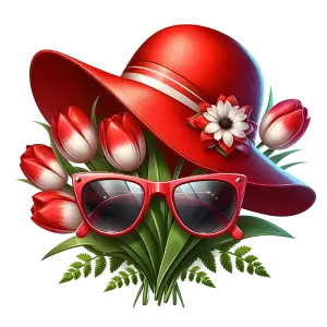 Red Tulips Bouquet with Red Sun Hat and Sunglasses
