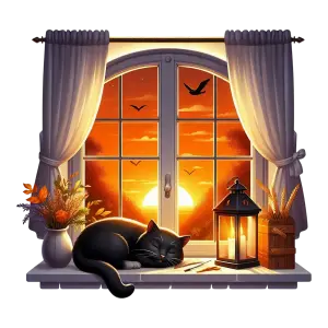 Cozy Black Cat Sleeping by Window at Sunset