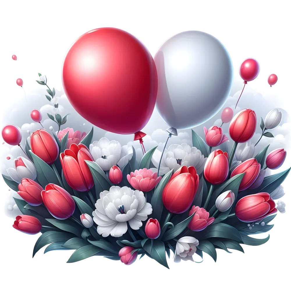 Red and White Balloons with Tulip and Peony Flowers