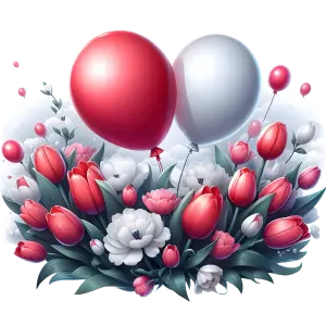 Red and White Balloons with Tulip and Peony Flowers