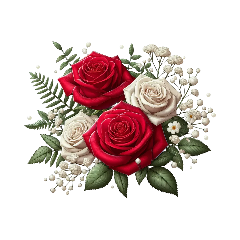 Bouquet of Red and White Roses with Green Leaves and White Baby's Breath