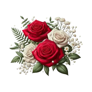 Bouquet of Red and White Roses with Green Leaves and White Baby's Breath