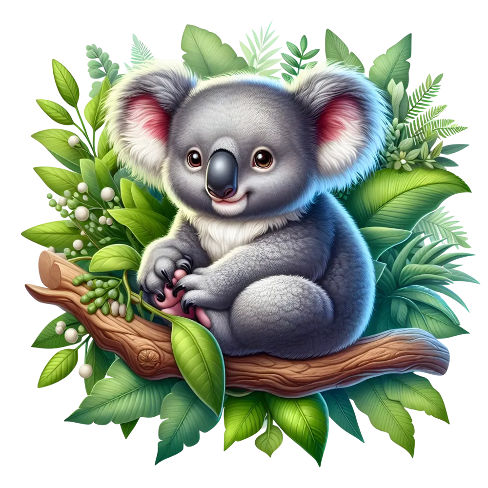Cute Koala Sitting on Tree Branch with Green Leaves