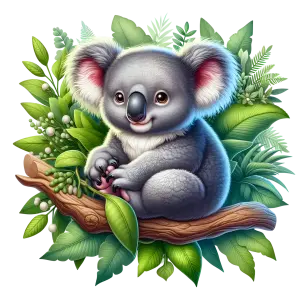 Cute Koala Sitting on Tree Branch with Green Leaves