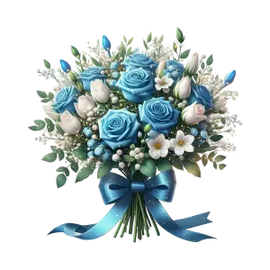 Bouquet of Blue and White Roses with Decorative Ribbon