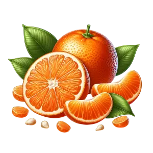 Whole and Sliced Orange with Green Leaves and Seeds