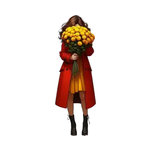 Woman in Orange Coat Holding Bouquet of Yellow Flowers