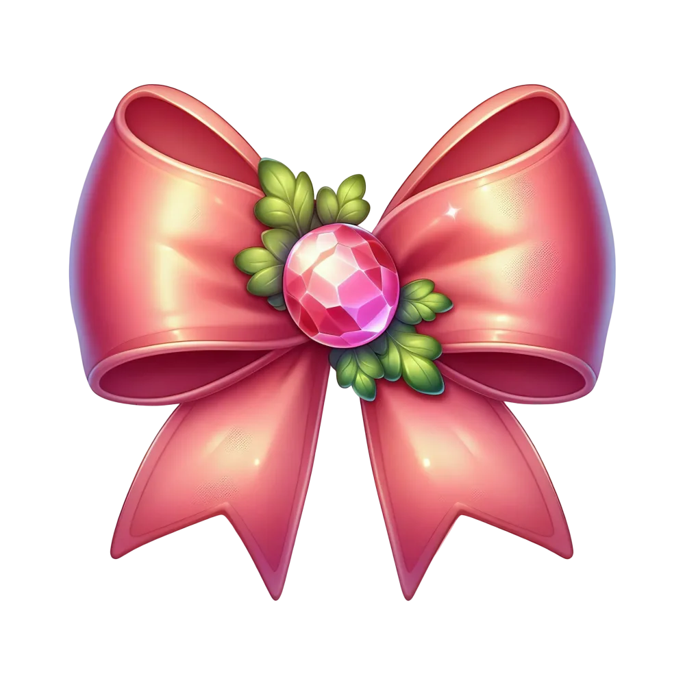 Pink Decorative Bow with Green Leaves and Gemstone