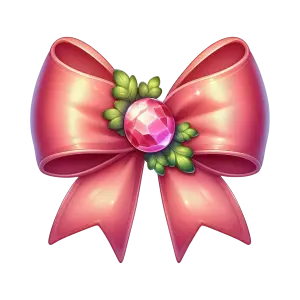 Pink Decorative Bow with Green Leaves and Gemstone