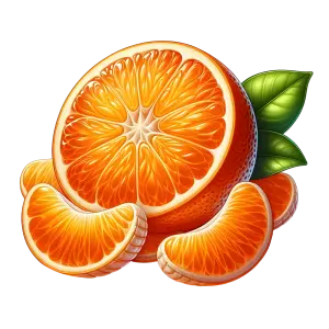 Illustration of a sliced orange with segments and green leaves