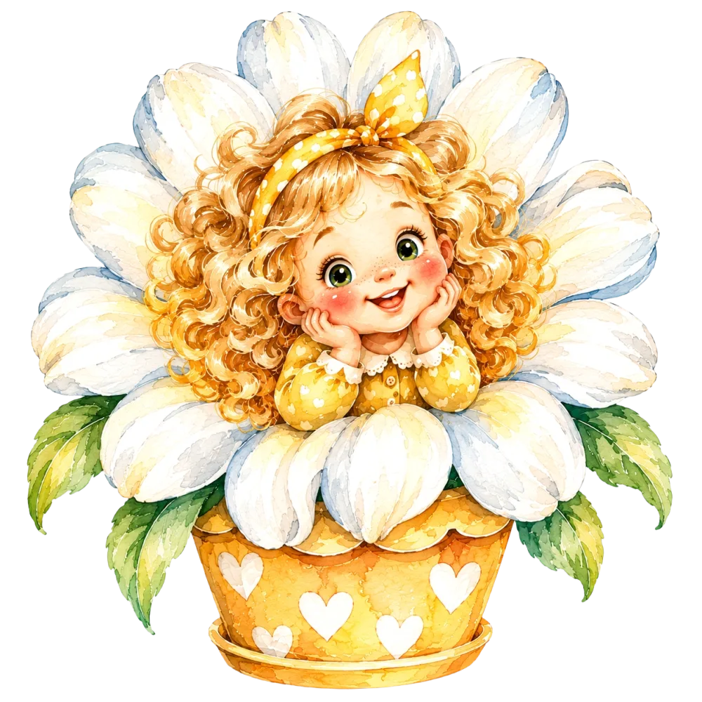 Cute Curly-Haired Girl Sitting in Flower Pot with Daisy Petals