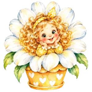Cute Curly-Haired Girl Sitting in Flower Pot with Daisy Petals