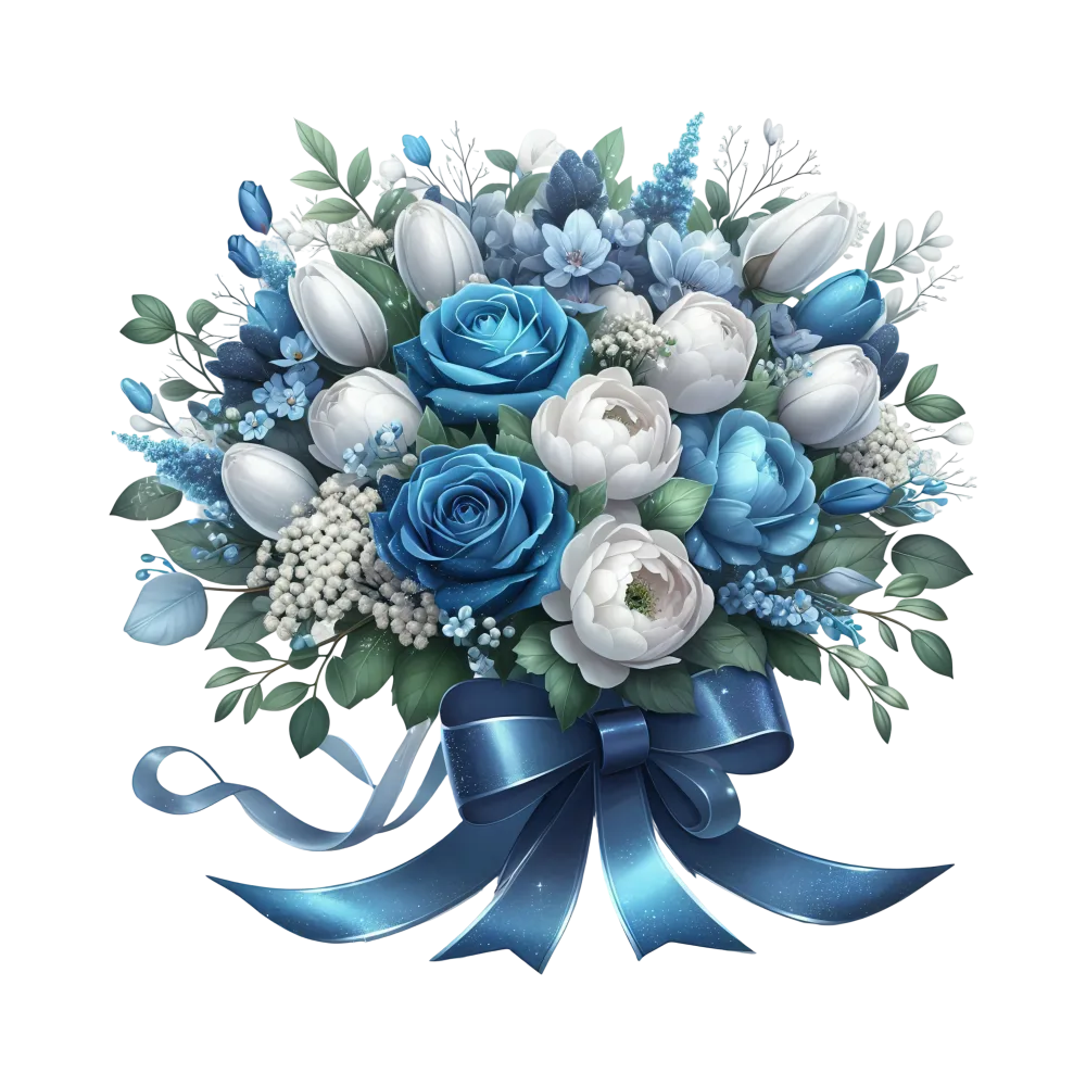 Blue and White Floral Bouquet with Ribbon