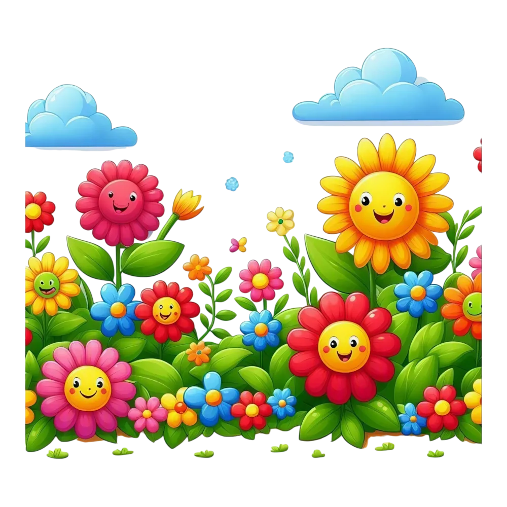 Colorful Cartoon Flowers with Happy Faces and Blue Sky Clouds