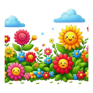 Colorful Cartoon Flowers with Happy Faces and Blue Sky Clouds
