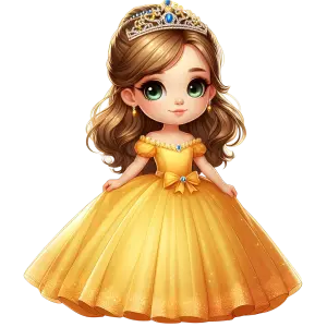 Cute Cartoon Princess in Yellow Dress with Tiara