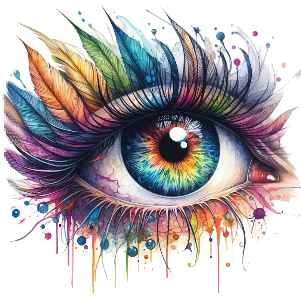 Colorful Artistic Close-up of Human Eye with Feather Details