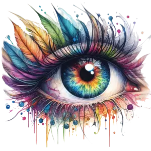 Colorful Artistic Close-up of Human Eye with Feather Details