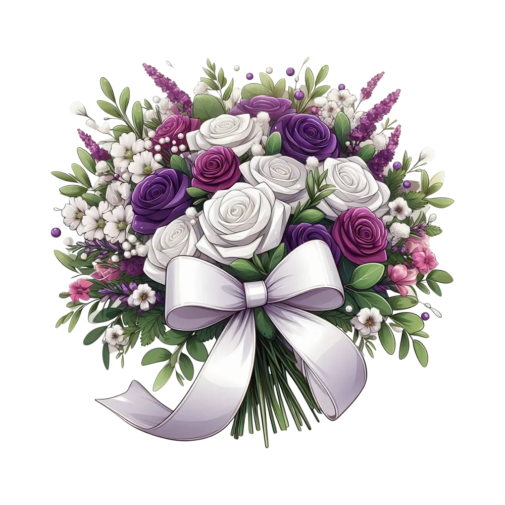 Bouquet of Purple and White Roses with White Ribbon