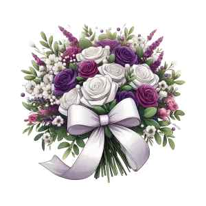 Bouquet of Purple and White Roses with White Ribbon