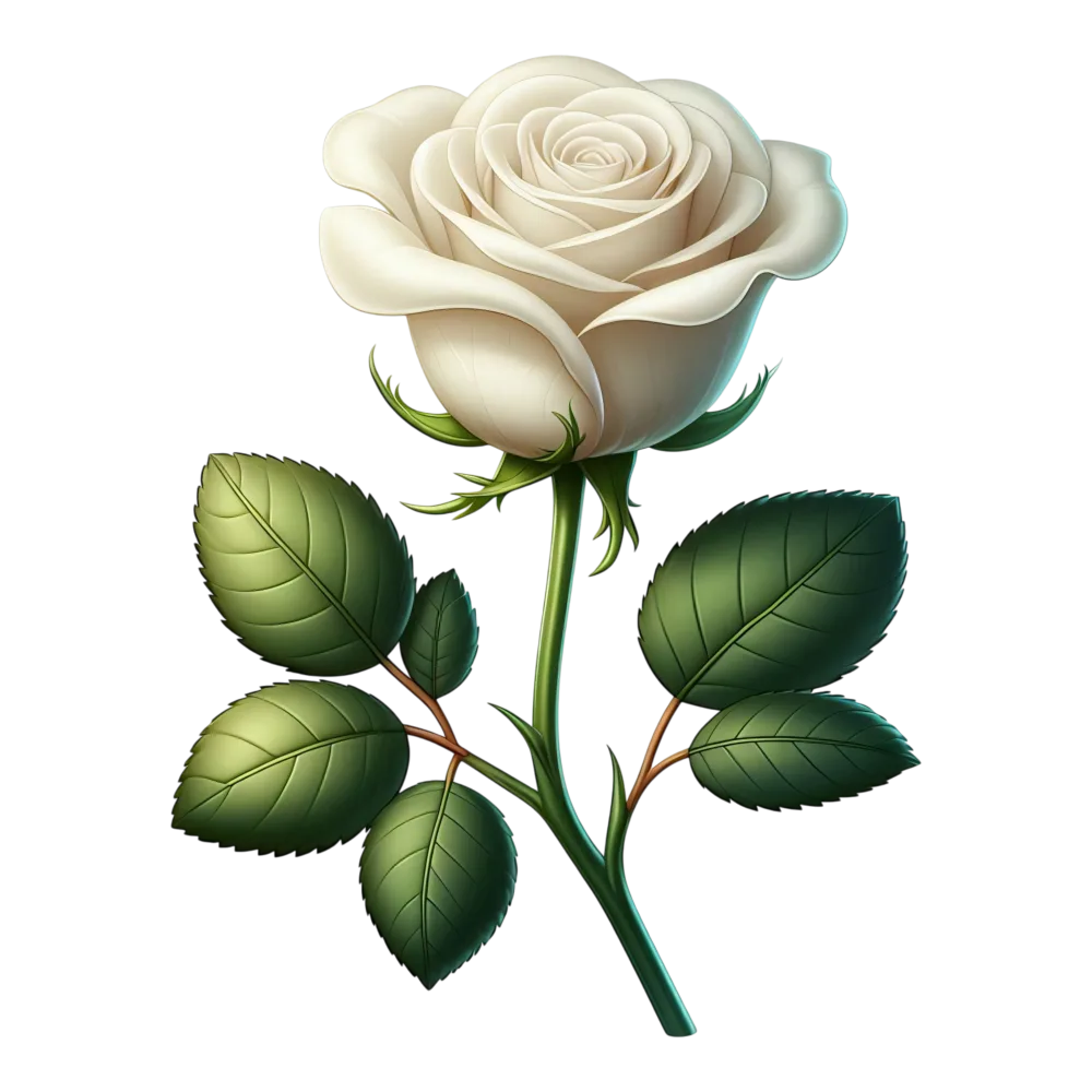 Realistic White Rose with Green Leaves