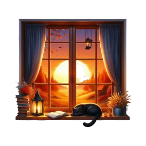 Cozy Window View at Sunset with Sleeping Black Cat and Autumn Decor