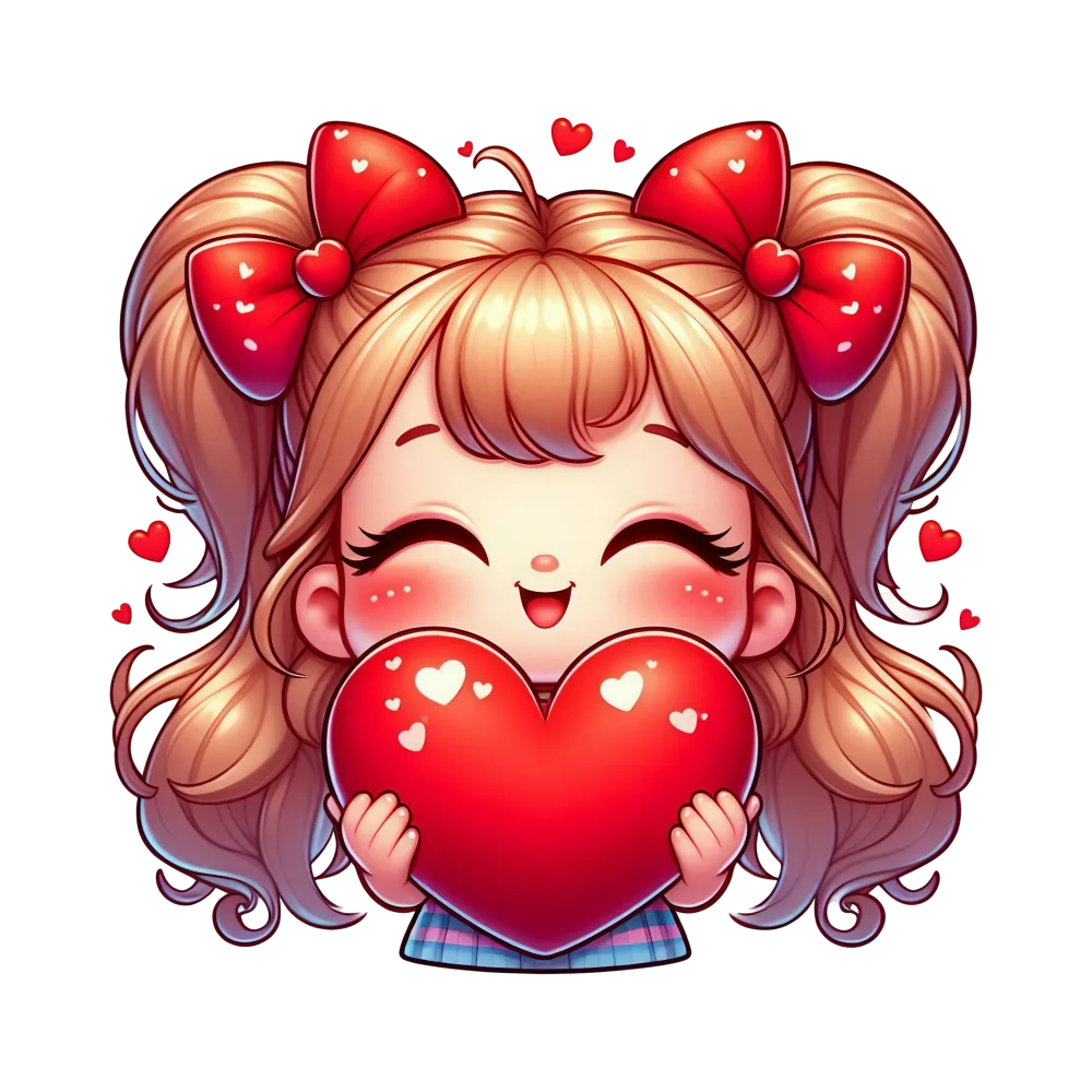 Cute Girl Character Holding Heart with Red Bows and Hearts