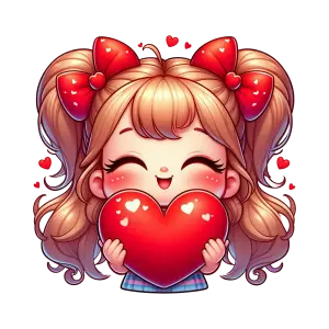 Cute Girl Character Holding Heart with Red Bows and Hearts