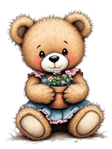 Cute Teddy Bear Holding Flower Pot Illustration