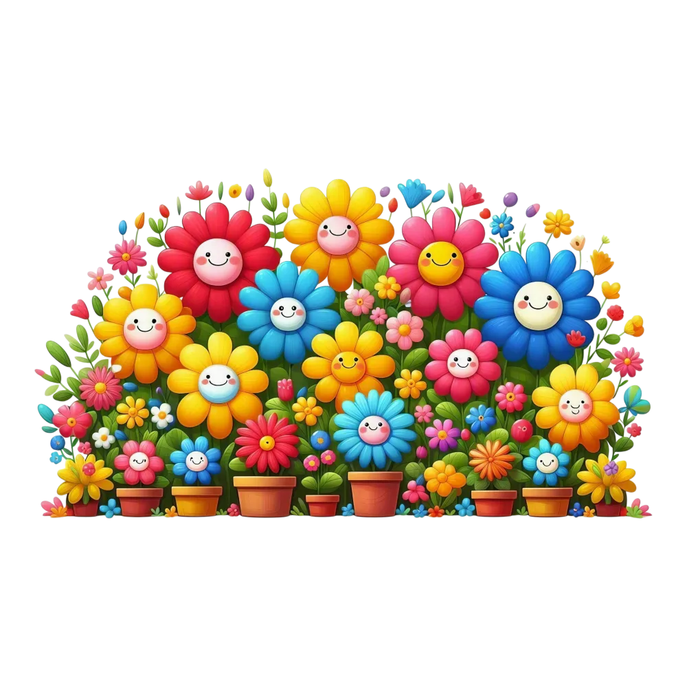 Colorful Smiling Cartoon Flowers in Pots