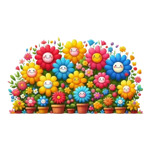 Colorful Smiling Cartoon Flowers in Pots
