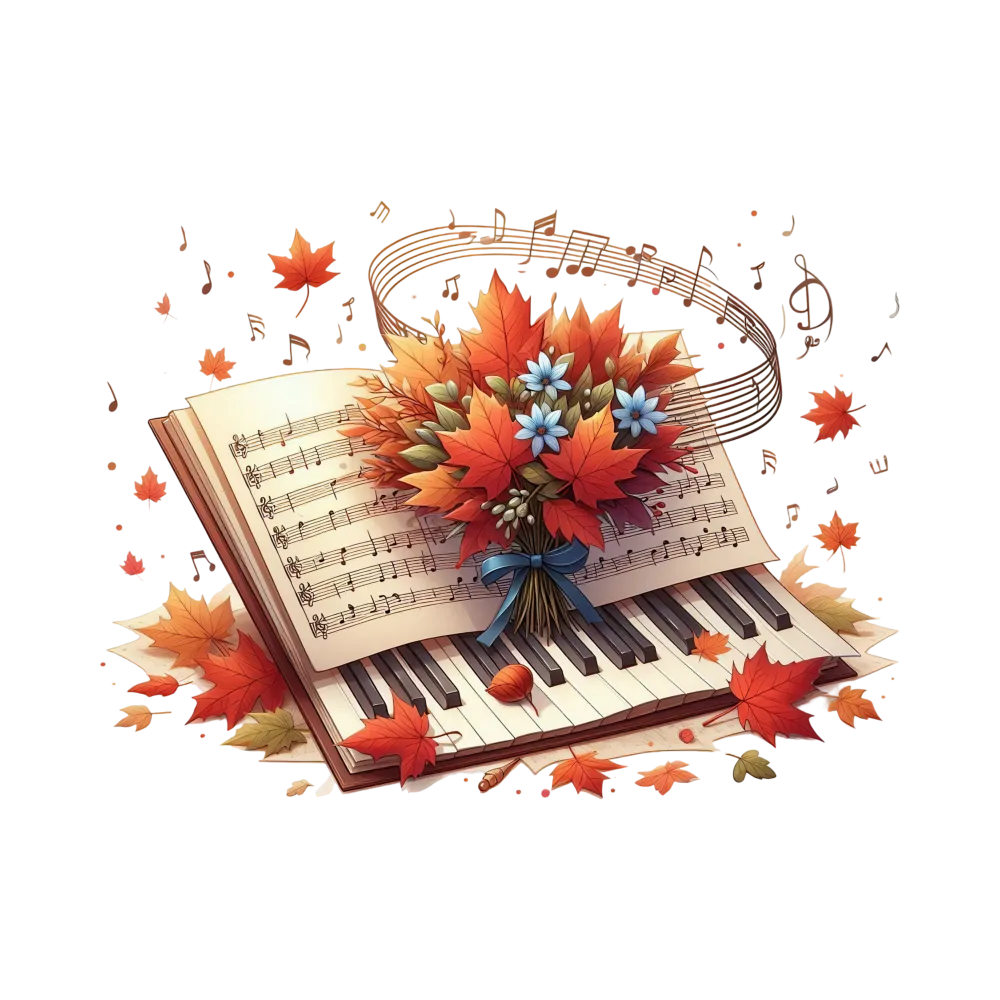 Autumn Music Composition with Maple Leaves and Bouquet