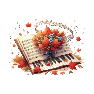 Autumn Music Composition with Maple Leaves and Bouquet
