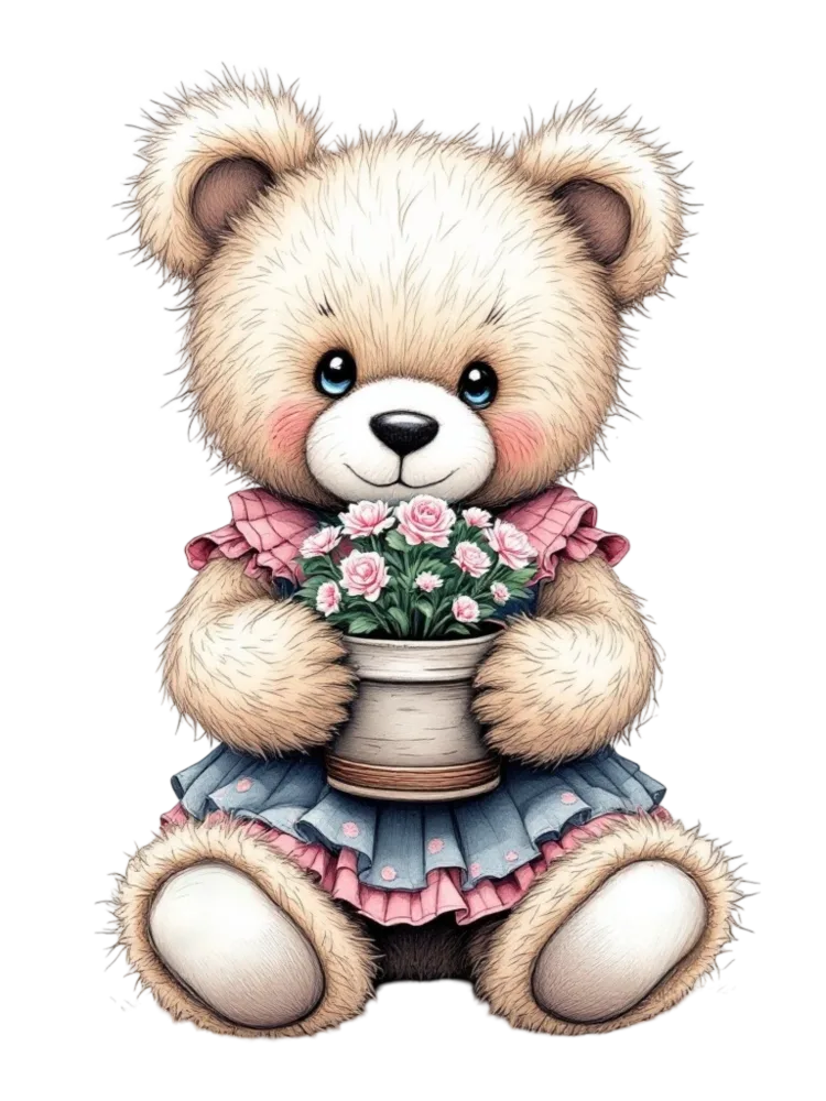 Cute Teddy Bear Holding Pink Flower Pot