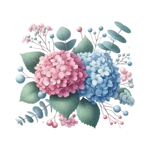 Pink and Blue Hydrangea Flowers with Green Leaves
